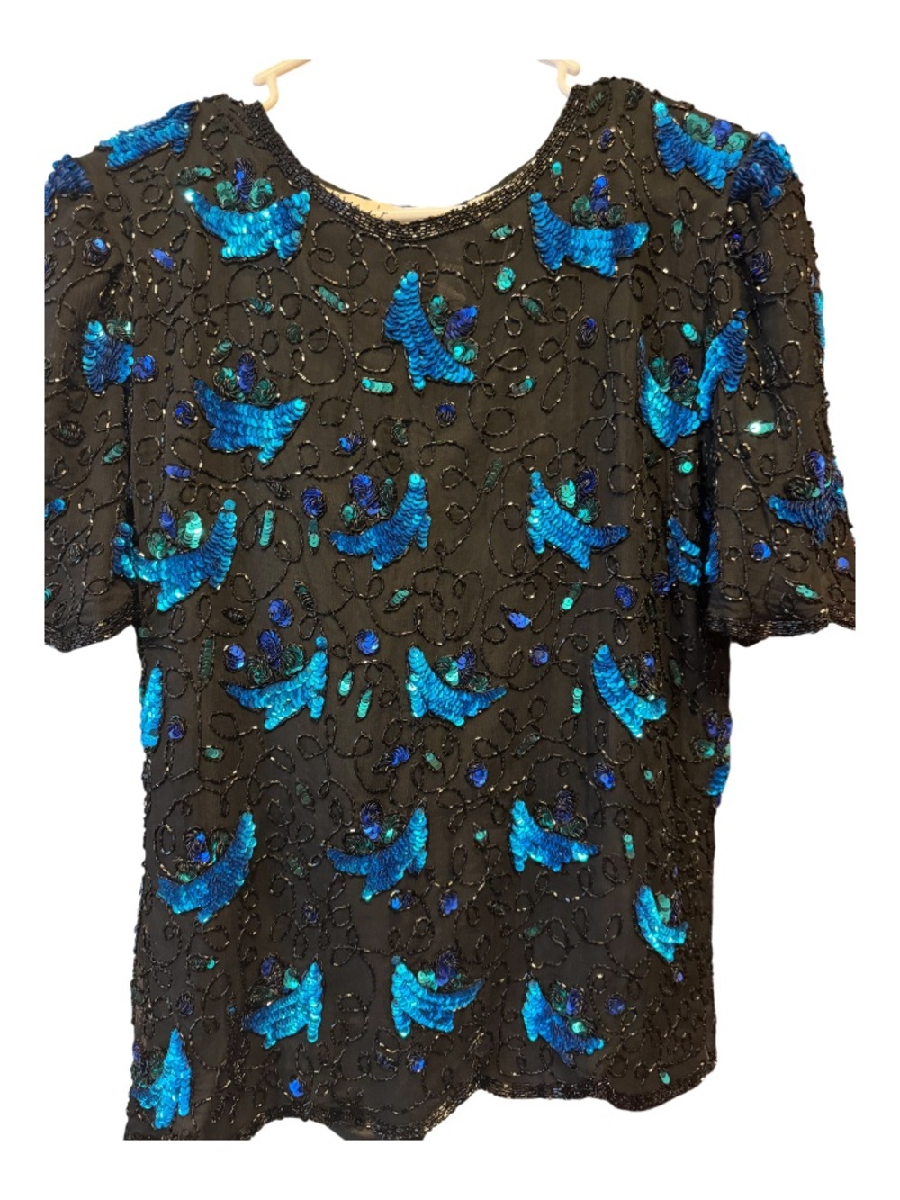 Laurence Kazar Black Top with Blue Sequin Bird Motif